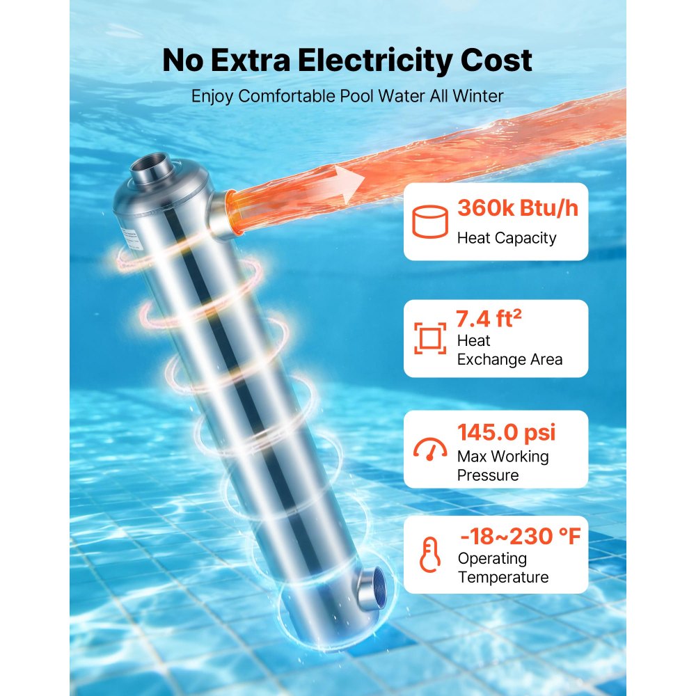 VEVOR Pool Heat Exchanger, 360K BTU Swimming Pool Heater Exchanger, 316L Stainless Steel Construction, High Efficiency Water to Water Transfer Heating System for Spa, Hot Tub, Indoor/Outdoor, Silver