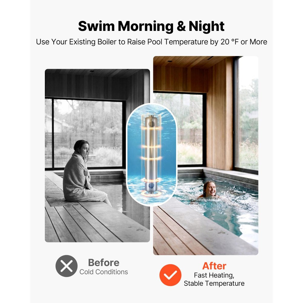 VEVOR Pool Heat Exchanger, 360K BTU Swimming Pool Heater Exchanger, 316L Stainless Steel Construction, High Efficiency Water to Water Transfer Heating System for Spa, Hot Tub, Indoor/Outdoor, Silver