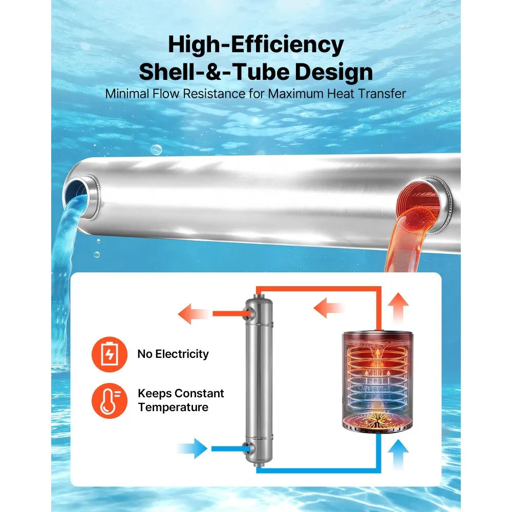 VEVOR Pool Heat Exchanger, 360K BTU Swimming Pool Heater Exchanger, 316L Stainless Steel Construction, High Efficiency Water to Water Transfer Heating System for Spa, Hot Tub, Indoor/Outdoor, Silver