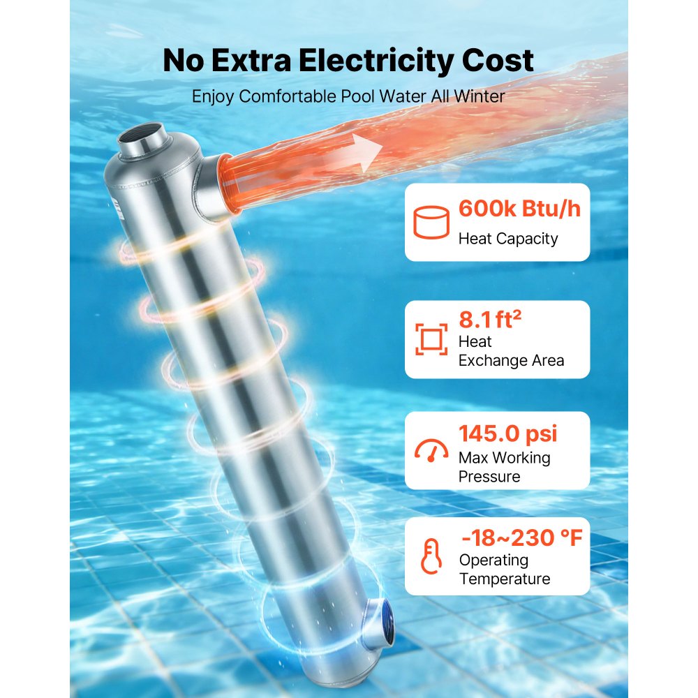 VEVOR Pool Heat Exchanger, 600K BTU Swimming Pool Heater Exchanger, 316L Stainless Steel Construction, High Efficiency Water to Water Transfer Heating System for Spa, Hot Tub, Indoor/Outdoor, Silver