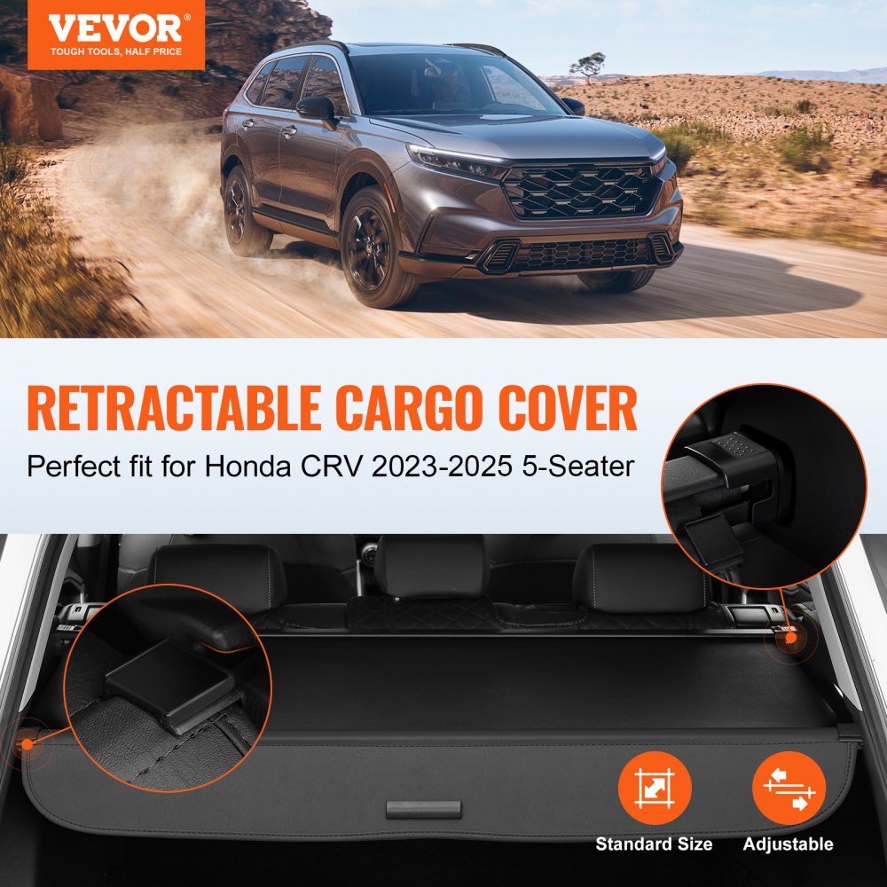 VEVOR Retractable Cargo Cover for Honda, Upgraded Waterproof Trunk Cover Security Shield Shade for Honda CRV 2023-2025 5-Seater, UV Resistant Rear Trunk Cover with Aluminum Alloy & PVC Leather Texture