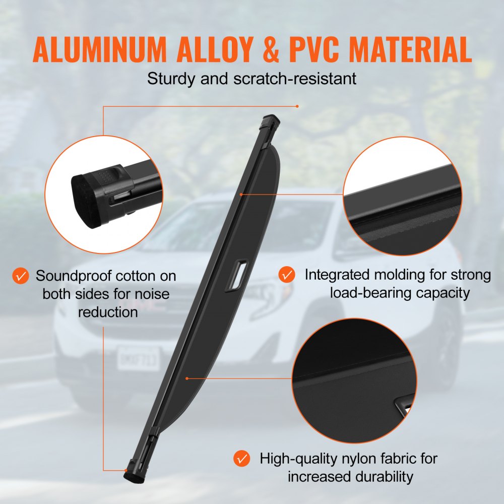 VEVOR Retractable Cargo Cover for Chevrolet, Waterproof Trunk Cover Security Shield Shade for GMC Terrain + Chevrolet Equinox 2018-2024 5-Seater, Rear Trunk Cover, Aluminum Alloy & PVC Leather Texture