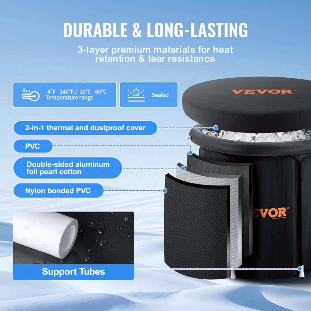 VEVOR Ice Bath Tub, Cold Water Therapy Plunge Tub for Athletes, Portable Outdoor Ice Barrel Plunge Pool for Recovery, 105 Gal Inflatable Folding Bathtub with Cover, Home Ice Pod for Adult, 34"Lx30"H
