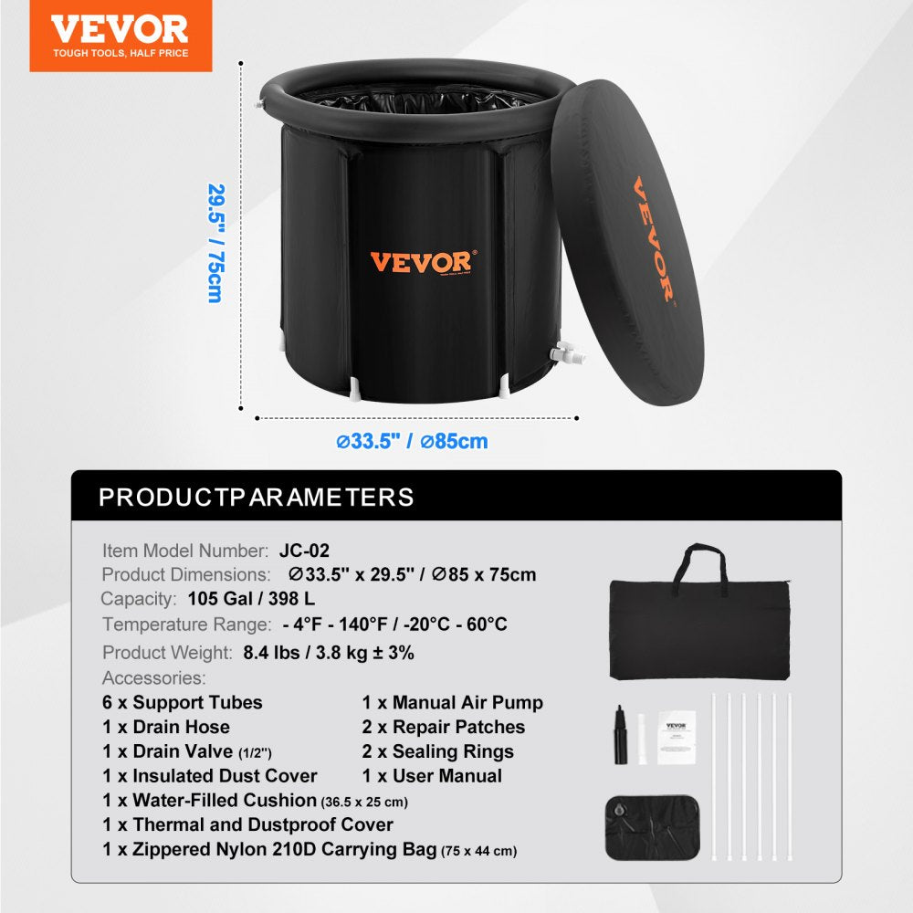 VEVOR Ice Bath Tub, Cold Water Therapy Plunge Tub for Athletes, Portable Outdoor Ice Barrel Plunge Pool for Recovery, 105 Gal Inflatable Folding Bathtub with Cover, Home Ice Pod for Adult, 34"Lx30"H