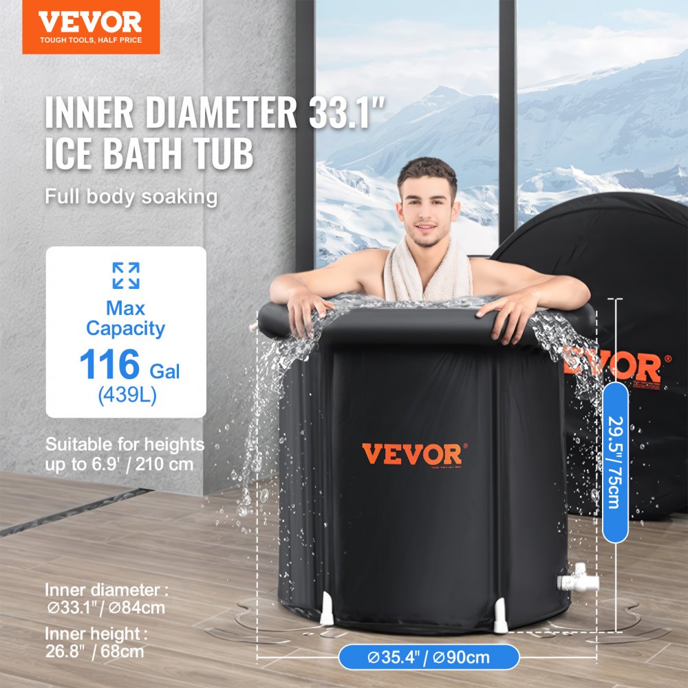VEVOR Ice Bath Tub, Cold Water Therapy Plunge Tub for Athlete, Portable Outdoor Ice Barrel Plunge Pool for Recovery, 98 Gal Inflatable Folding Bathtub with Cover, Home Ice Pod for Adult, 35.4"Lx30"H