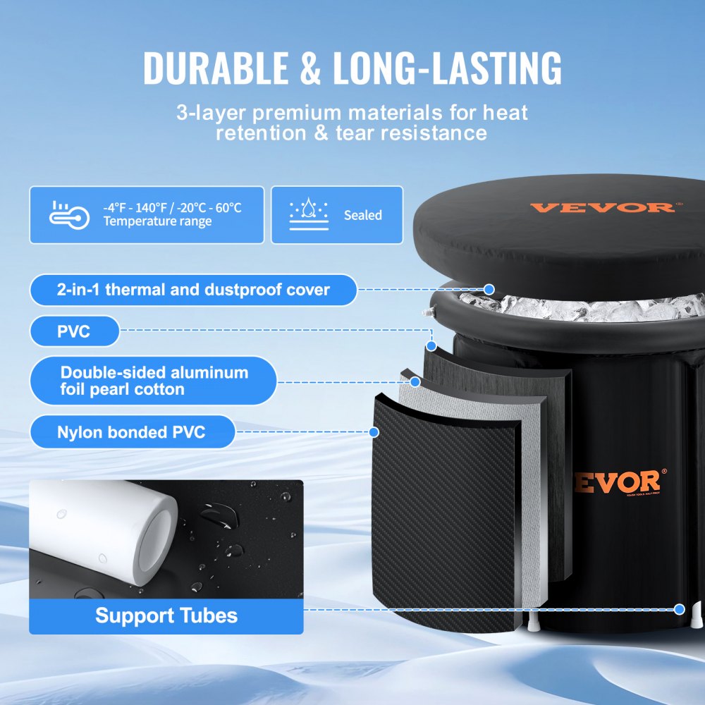 VEVOR Ice Bath Tub, Cold Water Therapy Plunge Tub for Athlete, Portable Outdoor Ice Barrel Plunge Pool for Recovery, 98 Gal Inflatable Folding Bathtub with Cover, Home Ice Pod for Adult, 35.4"Lx30"H