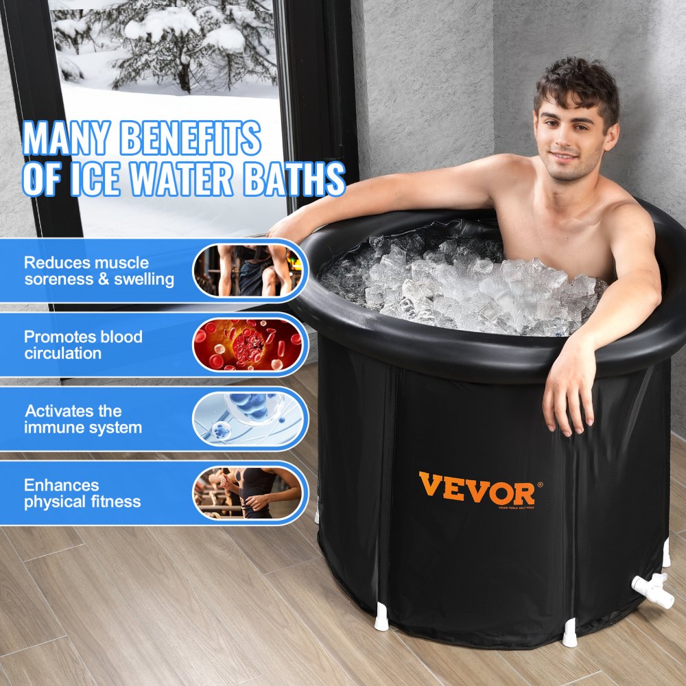 VEVOR Ice Bath Tub, Cold Water Therapy Plunge Tub for Athlete, Portable Outdoor Ice Barrel Plunge Pool for Recovery, 98 Gal Inflatable Folding Bathtub with Cover, Home Ice Pod for Adult, 35.4"Lx30"H