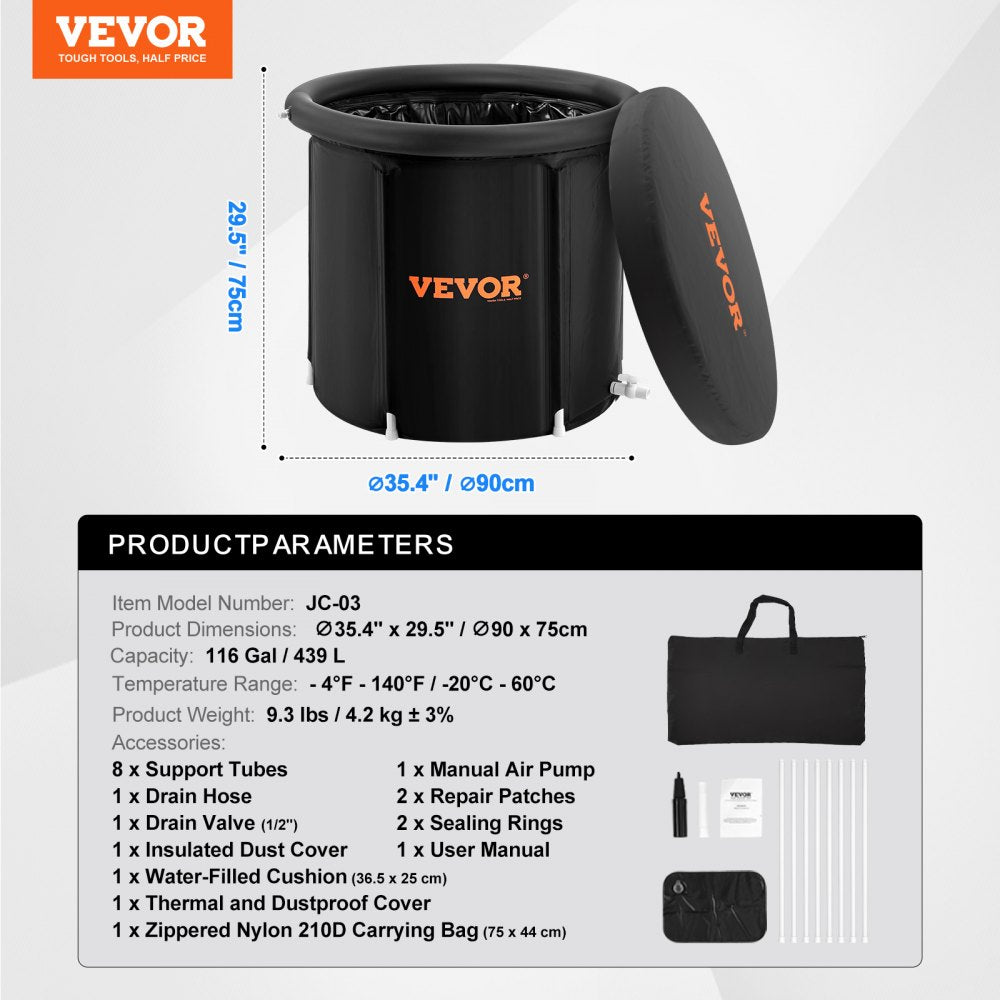 VEVOR Ice Bath Tub, Cold Water Therapy Plunge Tub for Athlete, Portable Outdoor Ice Barrel Plunge Pool for Recovery, 98 Gal Inflatable Folding Bathtub with Cover, Home Ice Pod for Adult, 35.4"Lx30"H