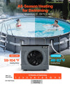 All-season heating and cooling graphic for the VEVOR pool heat pump (heating 59–104°F, cooling 46–82°F)