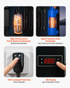 Feature graphic showing fixed-speed compressor, titanium heat exchanger, GFCI protection, and HD display