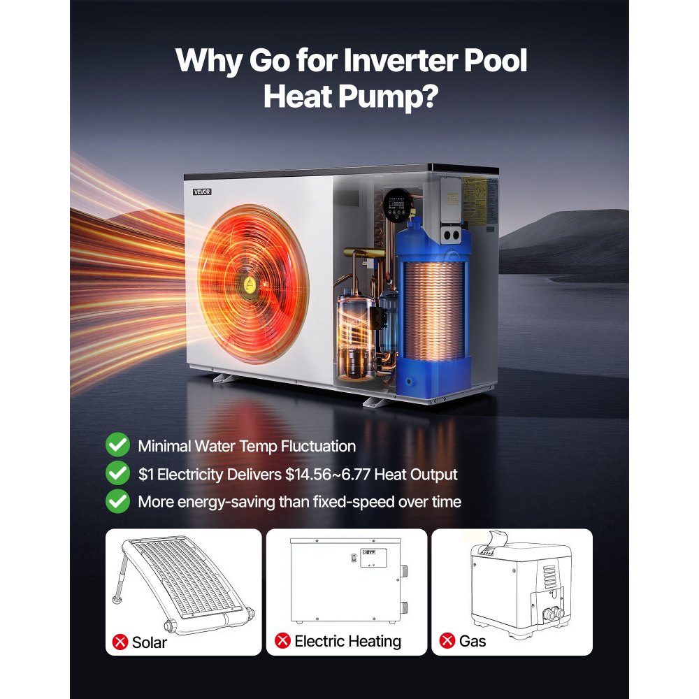 VEVOR Pool Heat Pump Max 93390 BTU, Electric Pool Heater for Above & In-Ground Up to 22455 Gallons, All-DC Inverter Technology, WiFi & App Remote Control, Multiple Protection for Swimming Parties
