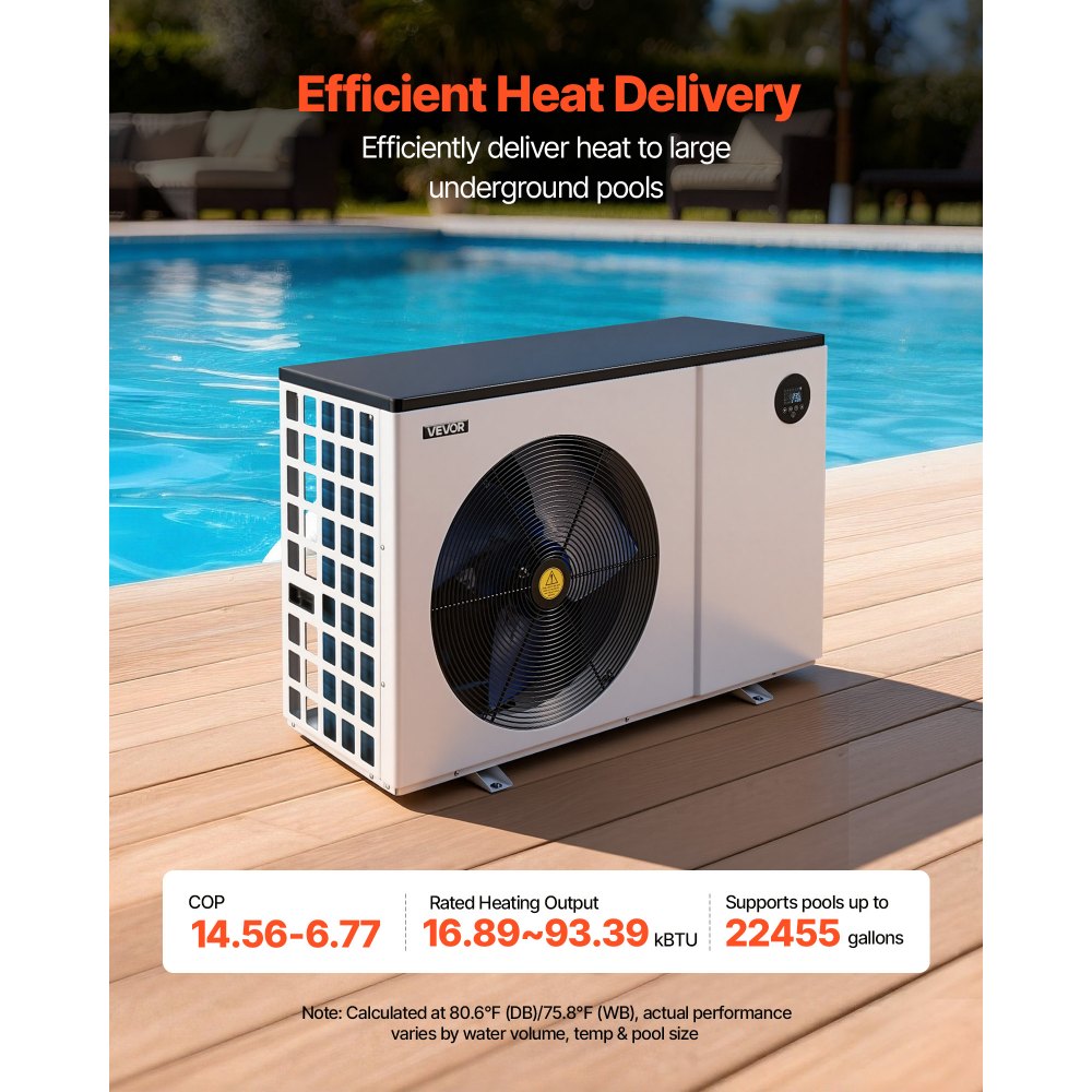 VEVOR Pool Heat Pump Max 93390 BTU, Electric Pool Heater for Above & In-Ground Up to 22455 Gallons, All-DC Inverter Technology, WiFi & App Remote Control, Multiple Protection for Swimming Parties