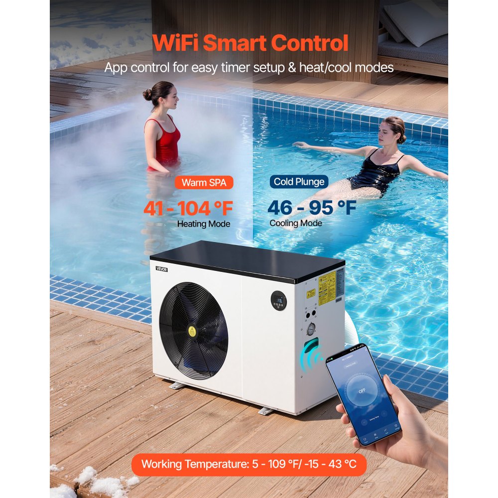 VEVOR Pool Heat Pump Max 93390 BTU, Electric Pool Heater for Above & In-Ground Up to 22455 Gallons, All-DC Inverter Technology, WiFi & App Remote Control, Multiple Protection for Swimming Parties