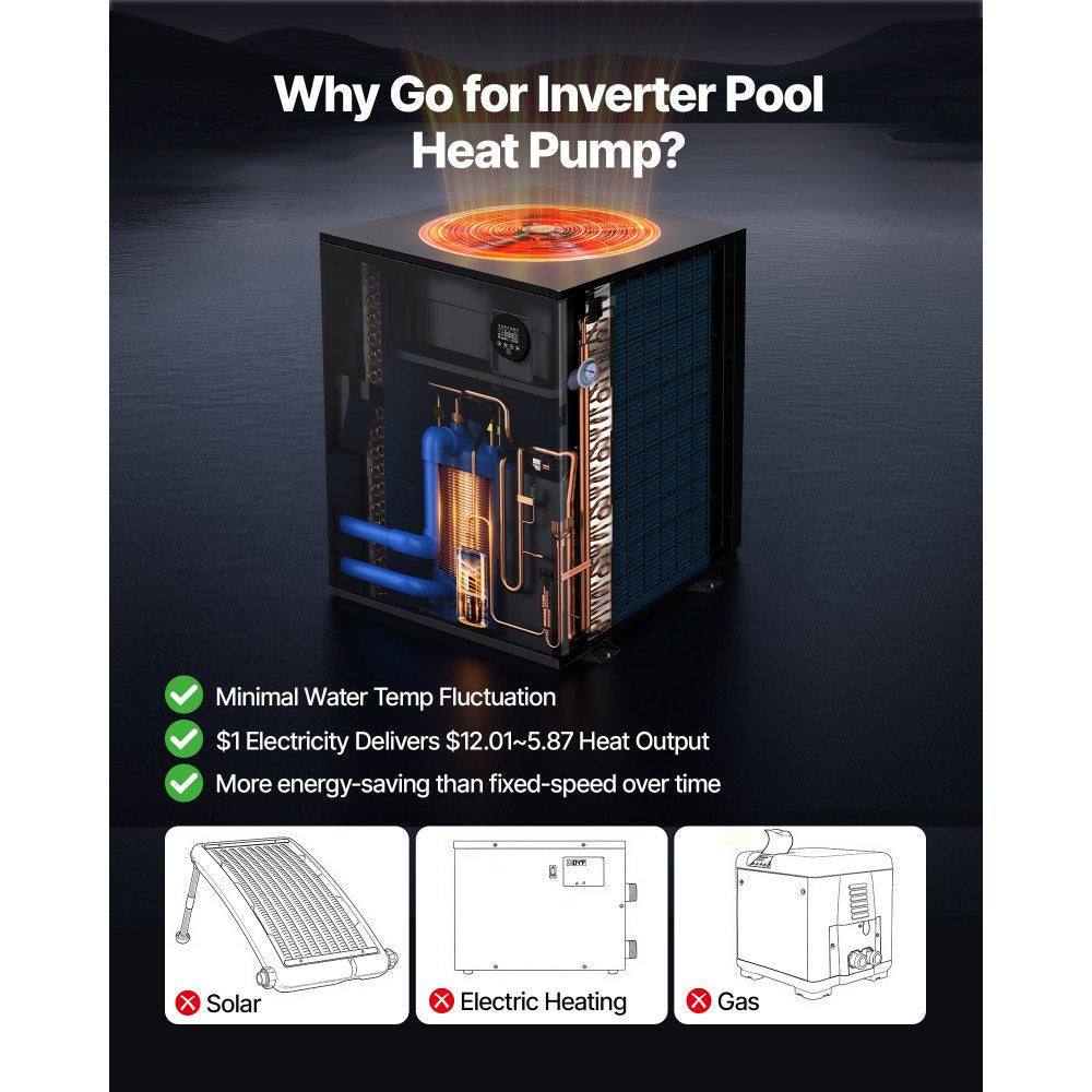 VEVOR Pool Heat Pump Max 104790 BTU, Electric Pool Heater for In-Ground Up to 27738 Gallons, All-DC Inverter Technology, WiFi & App Remote Control, Multiple Protection for Swimming Parties