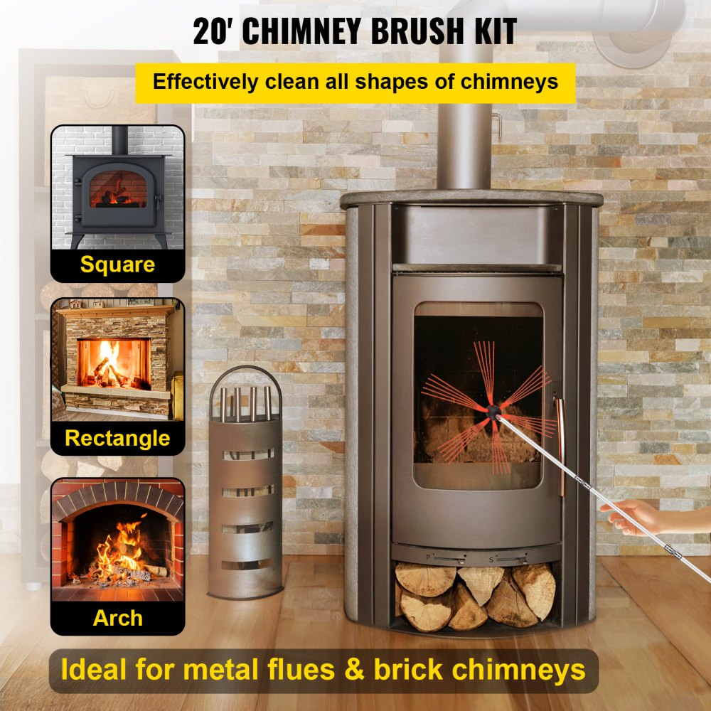 VEVOR Chimney Sweep Kit 20FT Length, Chimney Brush Kit with 6 Nylon Flexible Rods, Rotary Chimney Cleaning Kit Driven by Drill, Chimney Cleaning Tool Kits for Sweeping Fireplace Flue