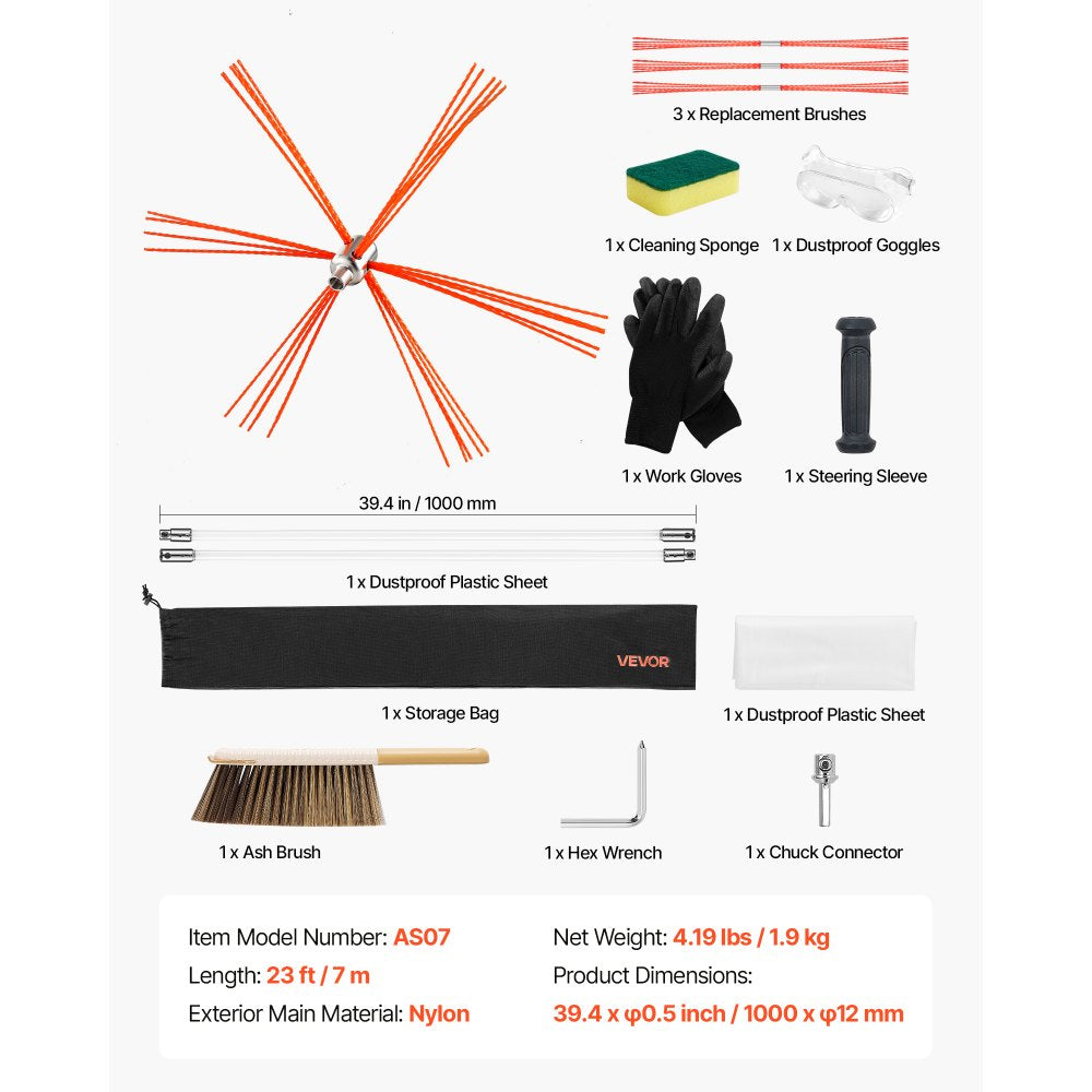 VEVOR Chimney Sweep Kit, 23 ft Maximum Extendable Length Chimney Brush, Chimneys Cleaning Kit with Bristle Replacements & Goggles, 90° Bendable Fireplace Cleaning Tool, for Square, Rectangle Chimneys