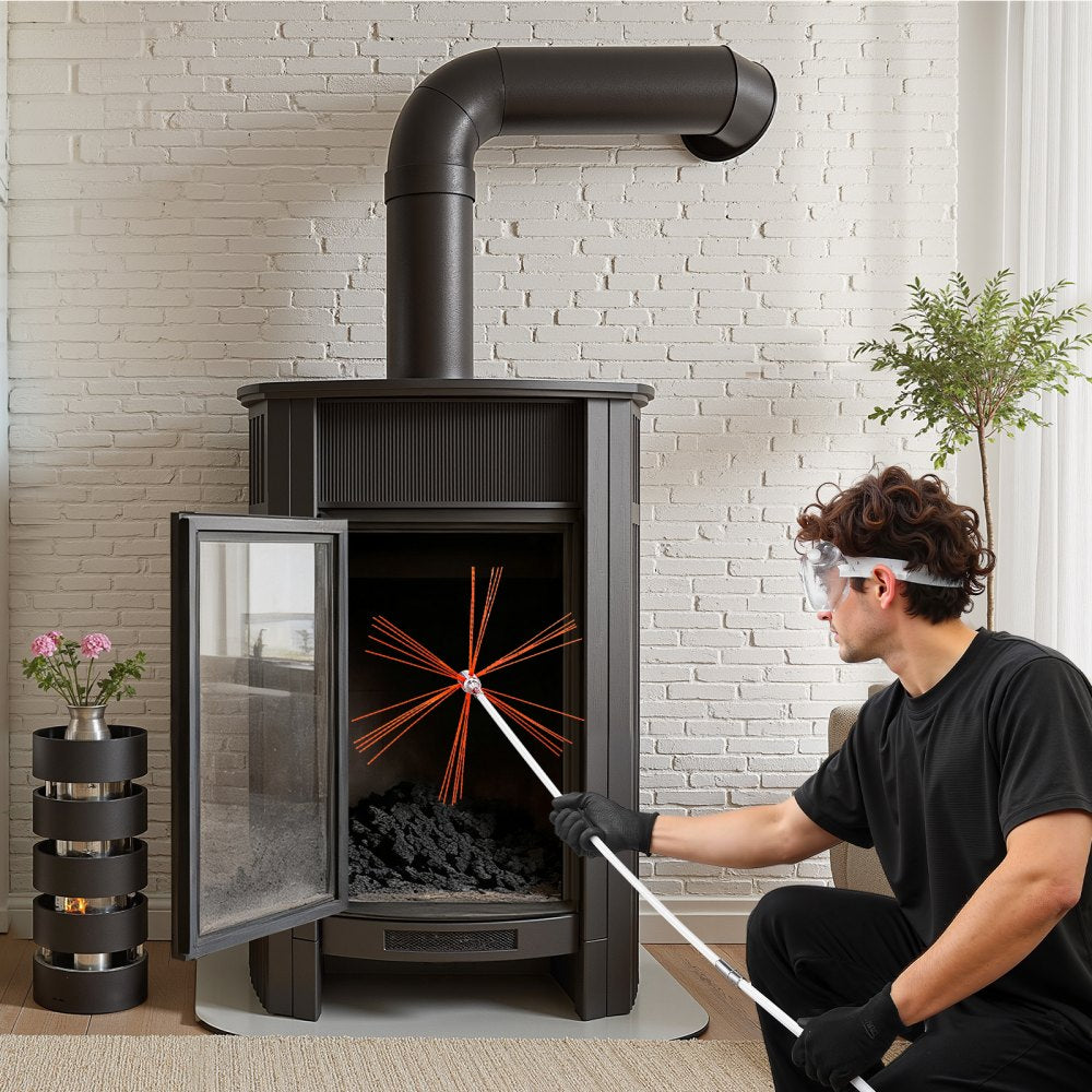 VEVOR Chimney Sweep Kit, 23 ft Maximum Extendable Length Chimney Brush, Chimneys Cleaning Kit with Bristle Replacements & Goggles, 90° Bendable Fireplace Cleaning Tool, for Square, Rectangle Chimneys