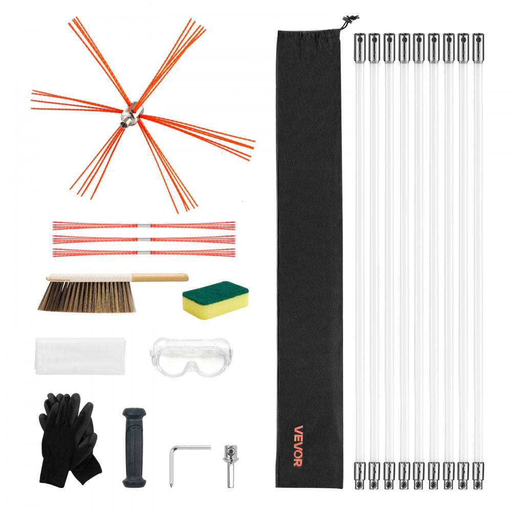 VEVOR Chimney Sweep Kit, 30 ft Maximum Extendable Length Chimney Sweep, Chimneys Cleaning Kit with Bristle Replacements & Goggles, 90° Bendable Fireplace Cleaning Tool, for Square, Rectangle Chimneys