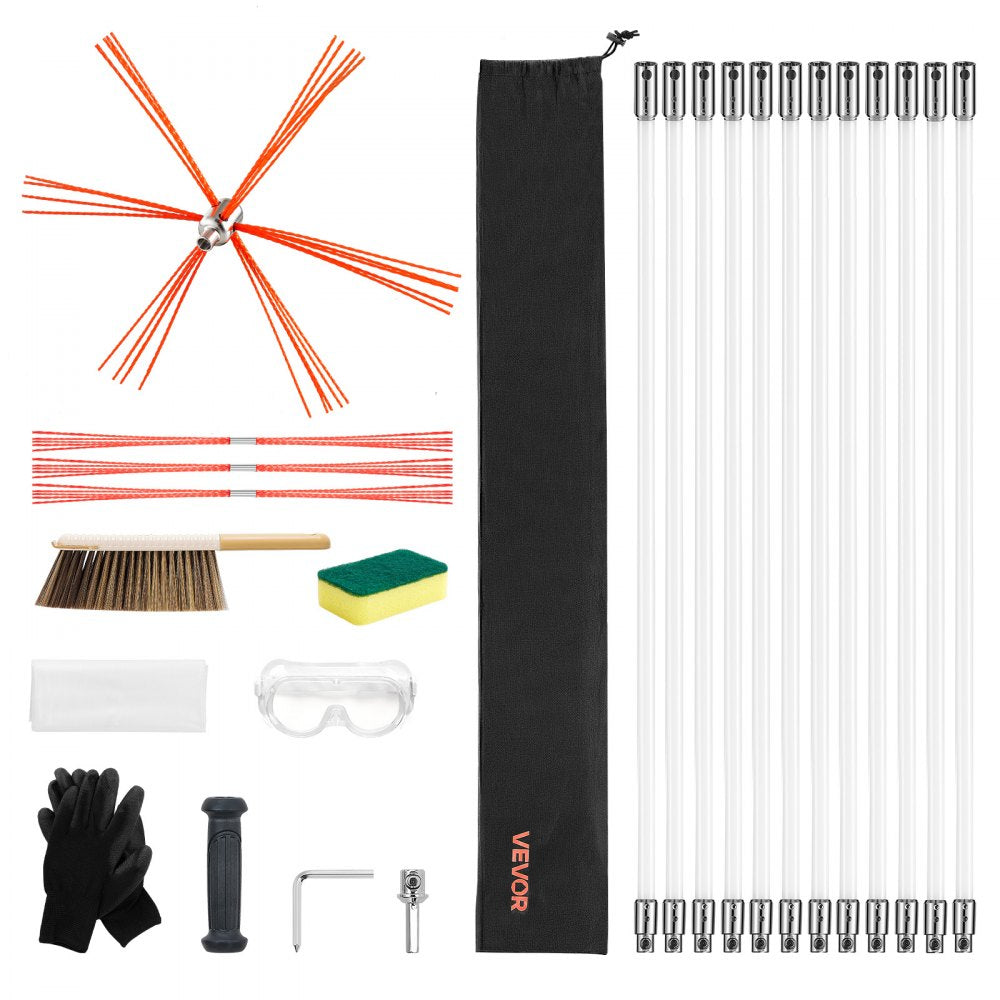 VEVOR Chimney Sweep Kit, 39 ft Maximum Extendable Length Chimney Sweep, Chimneys Cleaning Kit with Bristle Replacements & Goggles, 90° Bendable Fireplace Cleaning Tool, for Square, Rectangle Chimneys