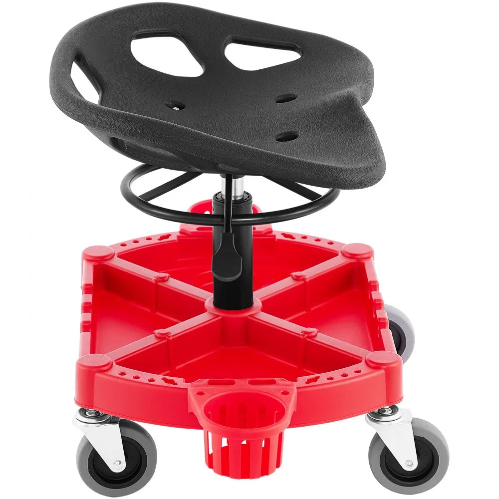 VEVOR Rolling Garage Stool, 300LBS Capacity, Adjustable Height from 18 in to 23 in, 360-degree Swivel Wheels (4\"), Large Tool Tray with Two Bottle Holder, for Workshop, Auto Repair Shop, Red