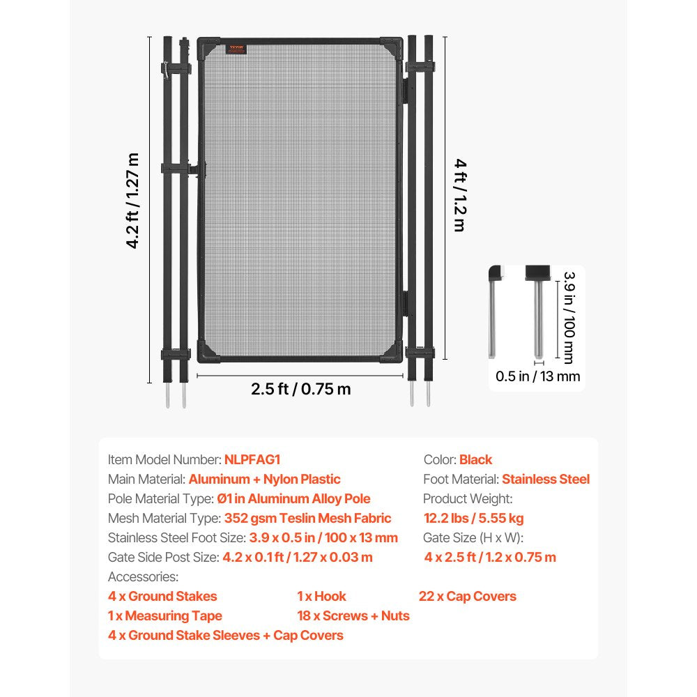 VEVOR Pool Fence Gate, 4 x 2.5 ft Inground Swimming Pool Fences Gate, Outdoor Security Fencing Door Kit with Self-Closing and Self-Locking Design, 352 gsm Teslin PVC Mesh, Easy Installation, Black
