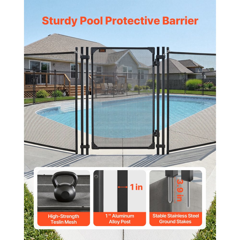 VEVOR Pool Fence Gate, 4 x 2.5 ft Inground Swimming Pool Fences Gate, Outdoor Security Fencing Door Kit with Metal Latch and Stopper, 352 gsm Teslin PVC Mesh, Square Tube, Easy Installation, Black