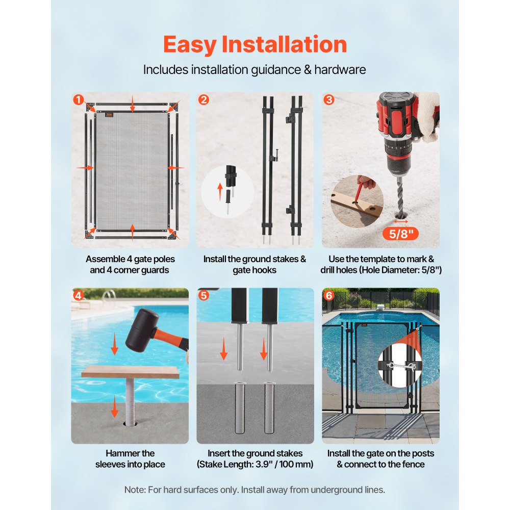 VEVOR Pool Fence Gate, 4 x 2.5 ft Inground Swimming Pool Fences Gate, Outdoor Security Fencing Door Kit with Metal Latch and Stopper, 352 gsm Teslin PVC Mesh, Square Tube, Easy Installation, Black