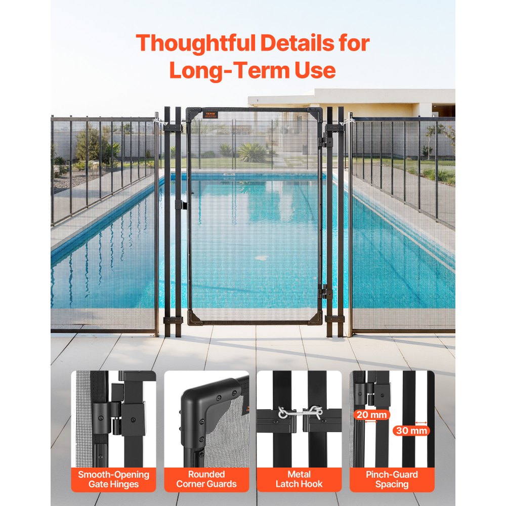 VEVOR Pool Fence Gate, 4 x 2.5 ft Inground Swimming Pool Fences Gate, Outdoor Security Fencing Door Kit with Metal Latch and Stopper, 352 gsm Teslin PVC Mesh, Square Tube, Easy Installation, Black