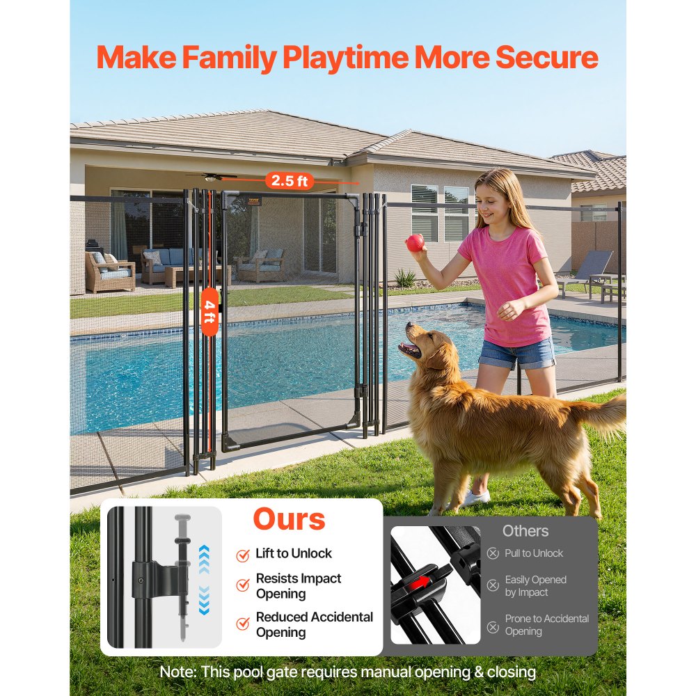 VEVOR Pool Fence Gate, 4 x 2.5 ft Inground Swimming Pool Fences Gate, Outdoor Security Fencing Door Kit with Metal Latch, 352 gsm Teslin PVC Mesh, Round Tube, Lockable and Easy Installation, Black