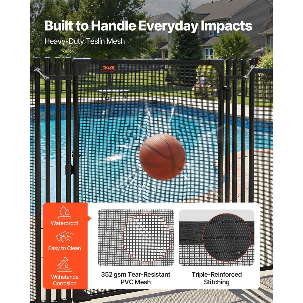 VEVOR Pool Fence Gate, 4 x 2.5 ft Inground Swimming Pool Fences Gate, Outdoor Security Fencing Door Kit with Metal Latch, 352 gsm Teslin PVC Mesh, Round Tube, Lockable and Easy Installation, Black