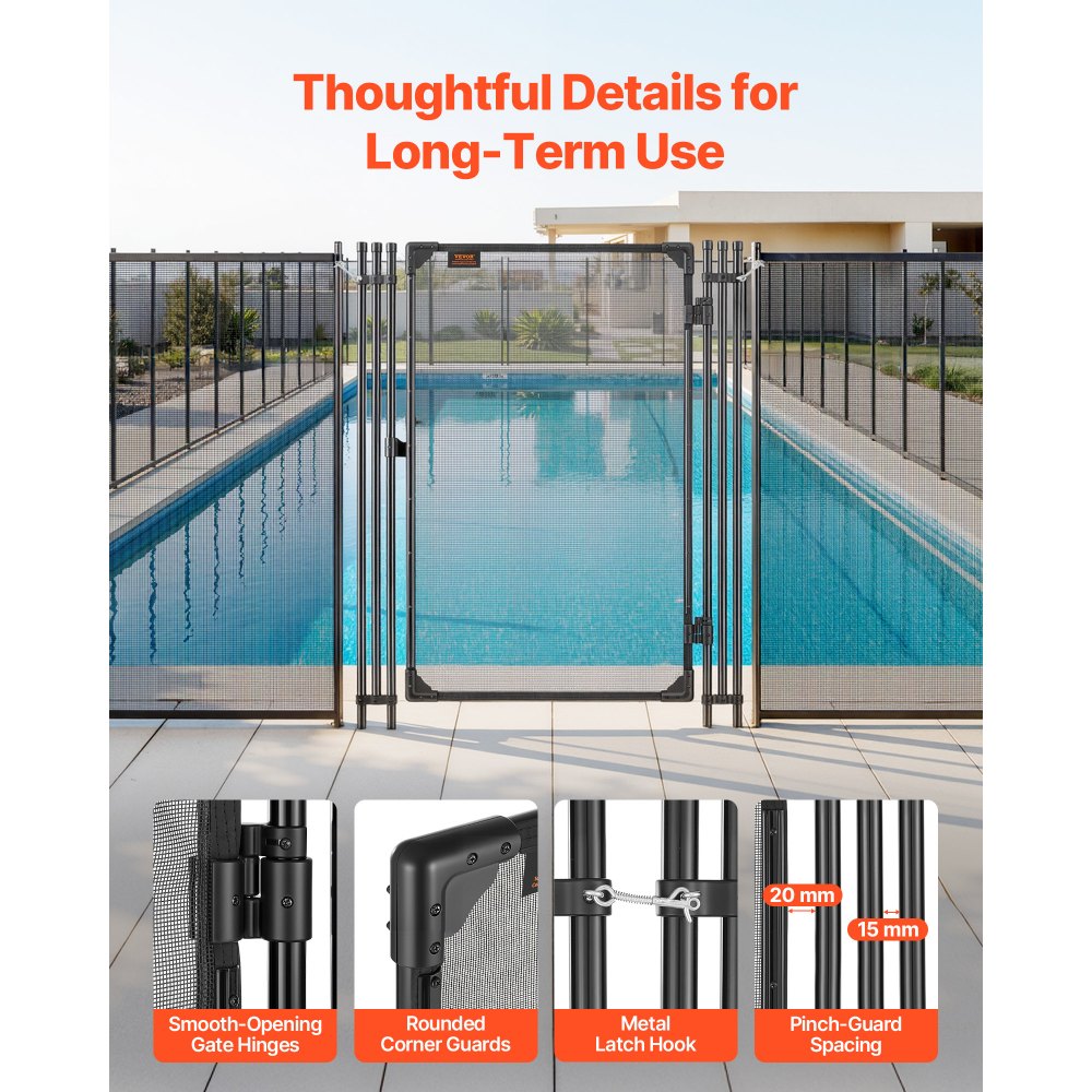 VEVOR Pool Fence Gate, 4 x 2.5 ft Inground Swimming Pool Fences Gate, Outdoor Security Fencing Door Kit with Metal Latch, 352 gsm Teslin PVC Mesh, Round Tube, Lockable and Easy Installation, Black