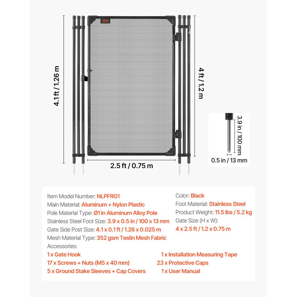 VEVOR Pool Fence Gate, 4 x 2.5 ft Inground Swimming Pool Fences Gate, Outdoor Security Fencing Door Kit with Metal Latch, 352 gsm Teslin PVC Mesh, Round Tube, Lockable and Easy Installation, Black