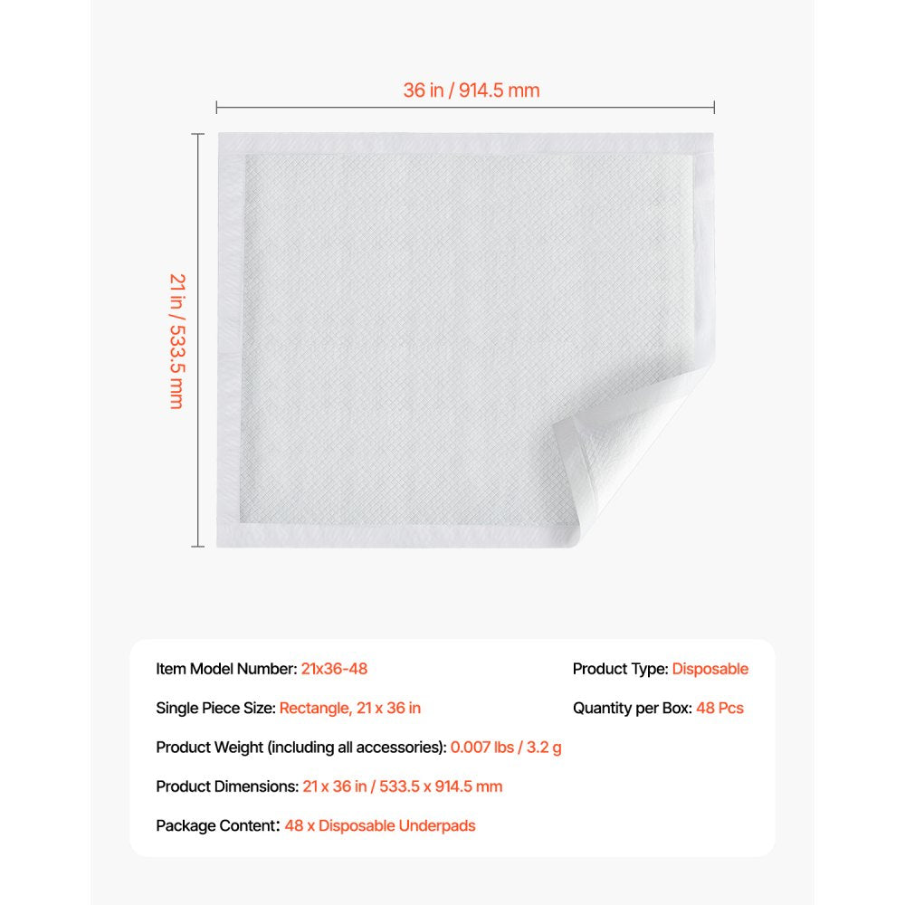 VEVOR Disposable Underpads, 21" x 36" Incontinence Bed Pads, Super Absorbent Chux Pads with 5-Layer Protection for Bed Sofa and Mattress, Protective Bedwetting Pad for Pet Adult Kid Elderly (48-Pack)