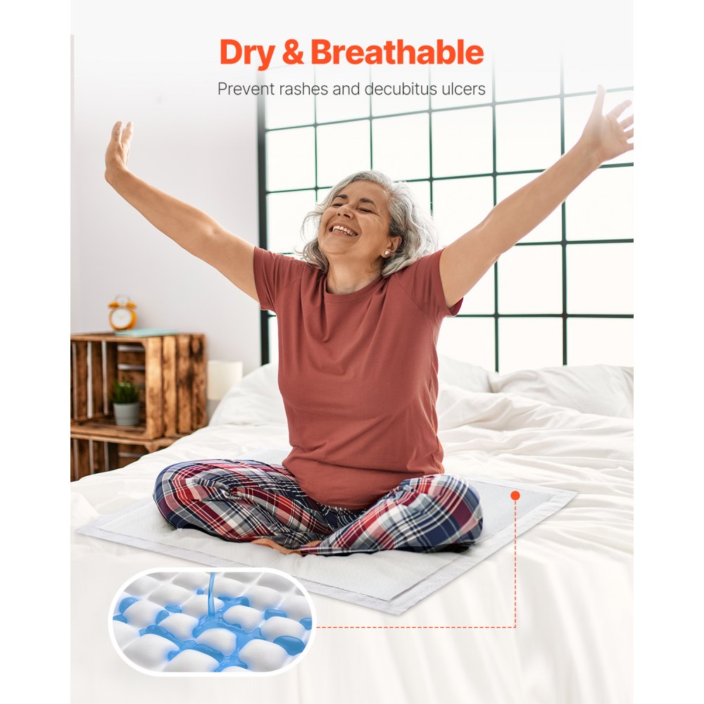 VEVOR Disposable Underpads, 24" x 36" Incontinence Bed Pads, Super Absorbent Chux Pads with 5-Layer Protection for Bed Sofa and Mattress, Protective Bedwetting Pad for Pet Adult Kid Elderly (70-Pack)