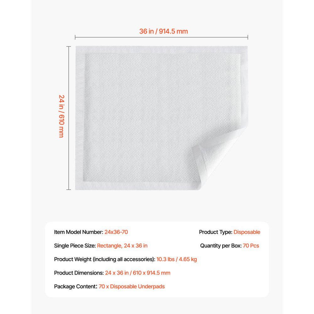 VEVOR Disposable Underpads, 24" x 36" Incontinence Bed Pads, Super Absorbent Chux Pads with 5-Layer Protection for Bed Sofa and Mattress, Protective Bedwetting Pad for Pet Adult Kid Elderly (70-Pack)