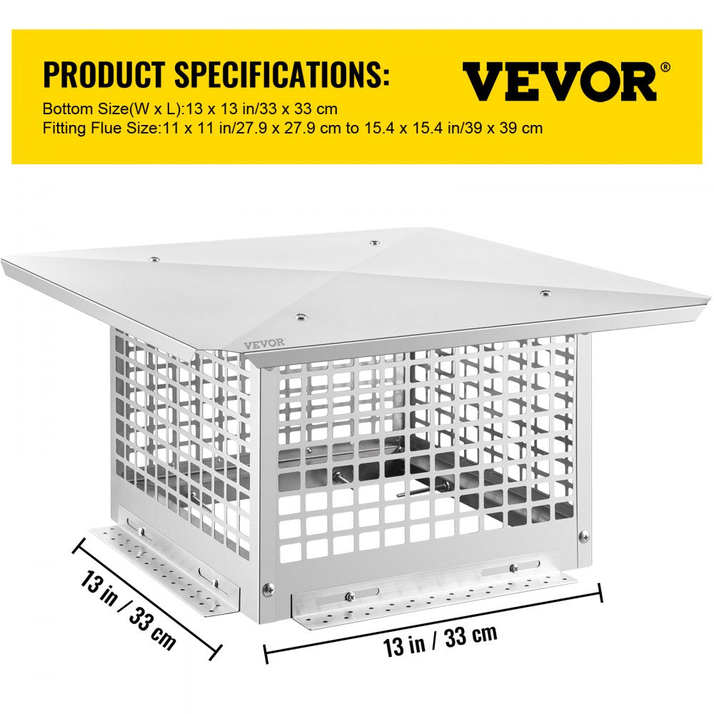VEVOR Chimney Cap, 13\" x 13\" Flue Caps, 304 Stainless Steel Fireplace Chimney Cover, Adjustable Metal Spark Arrestor with Bolts Screws, Mesh Chimney Flue Cover for Outside Existing Clay Flue Tile