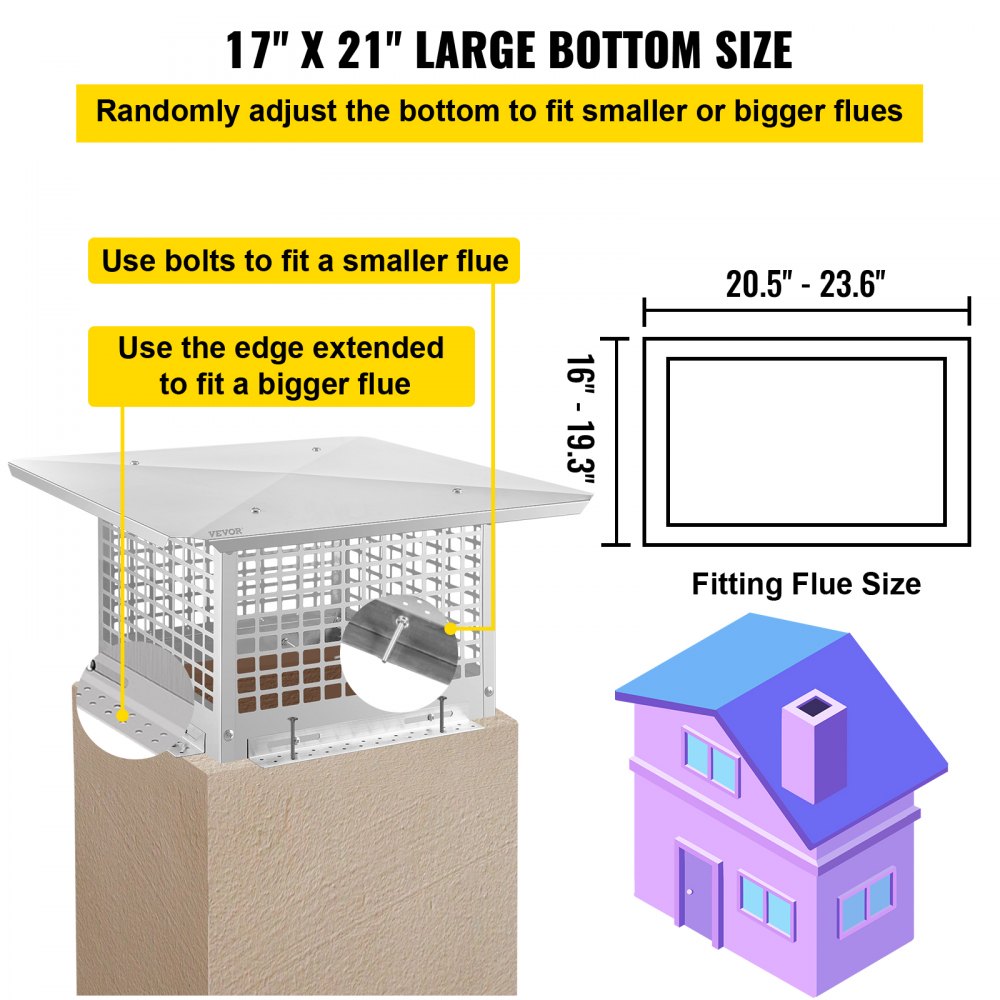VEVOR Chimney Cap, 17\" x 21\" Flue Caps, 304 Stainless Steel Fireplace Chimney Cover, Adjustable Metal Spark Arrestor with Bolts Screws, Mesh Chimney Flue Cover for Outside Existing Clay Flue Tile