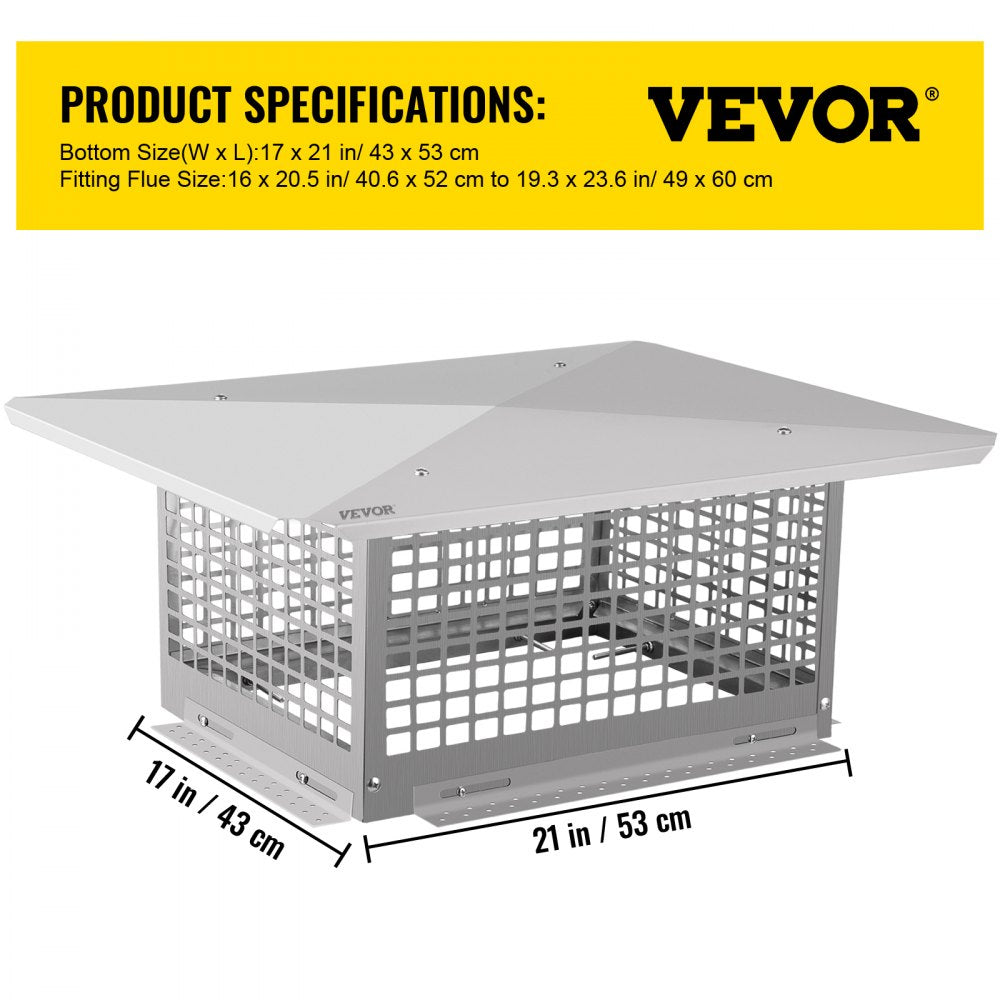 VEVOR Chimney Cap, 17\" x 21\" Flue Caps, 304 Stainless Steel Fireplace Chimney Cover, Adjustable Metal Spark Arrestor with Bolts Screws, Mesh Chimney Flue Cover for Outside Existing Clay Flue Tile