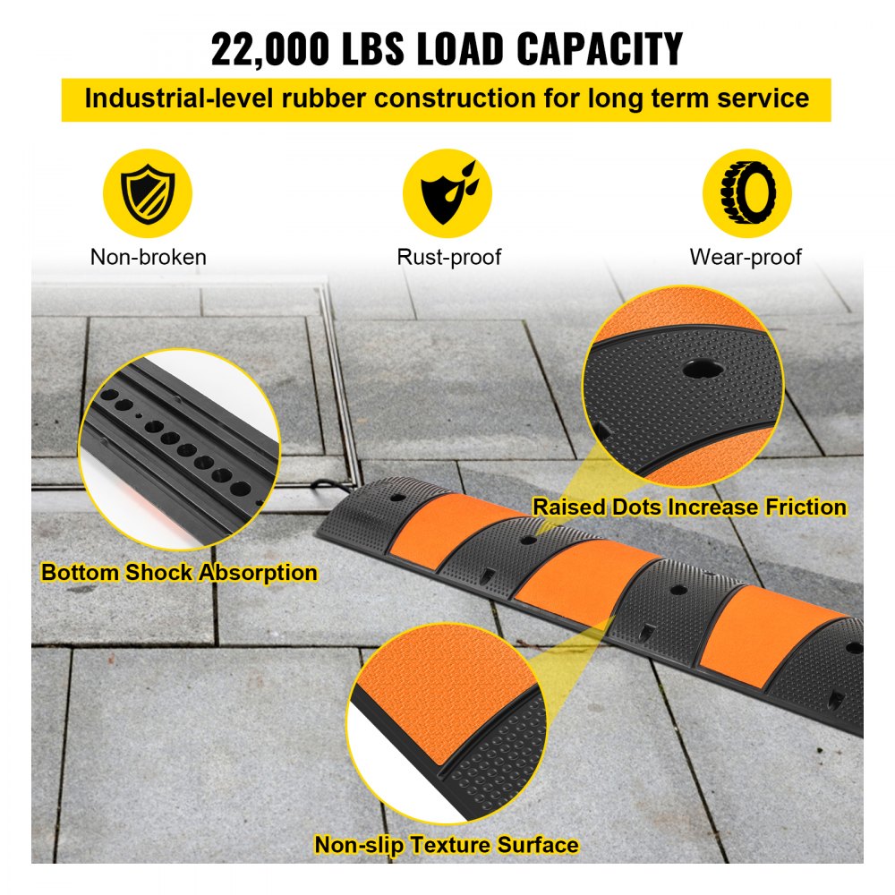 VEVOR Rubber Traffic Calming Device, Single Unit with Dual Channels, 72" Length Modular Design Supports Up to 22000 LBS, Dimensions 72.8 x 12.2 x 2.2, Suitable for Asphalt, Concrete, and Gravel Sur