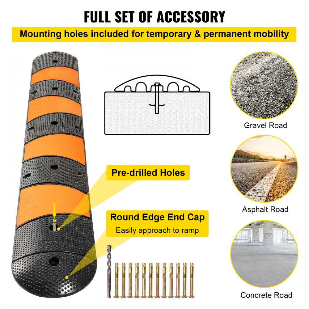VEVOR Rubber Traffic Calming Device, Single Unit with Dual Channels, 72" Length Modular Design Supports Up to 22000 LBS, Dimensions 72.8 x 12.2 x 2.2, Suitable for Asphalt, Concrete, and Gravel Sur