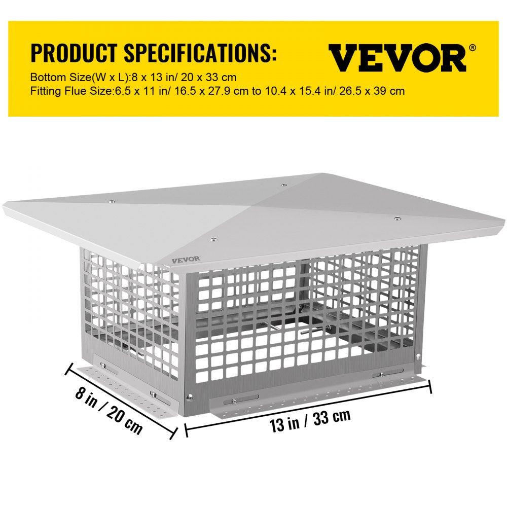 VEVOR Chimney Cap, 8\" x 13\" Flue Caps, 304 Stainless Steel Fireplace Chimney Cover, Adjustable Metal Spark Arrestor with Bolts Screws, Mesh Chimney Flue Cover for Outside Existing Clay Flue Tile
