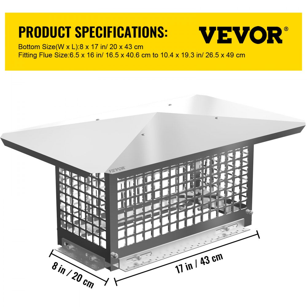 VEVOR Chimney Cap, 8\" x 17\" Flue Caps, 304 Stainless Steel Fireplace Chimney Cover, Adjustable Metal Spark Arrestor with Bolts Screws, Mesh Chimney Flue Cover for Outside Existing Clay Flue Tile