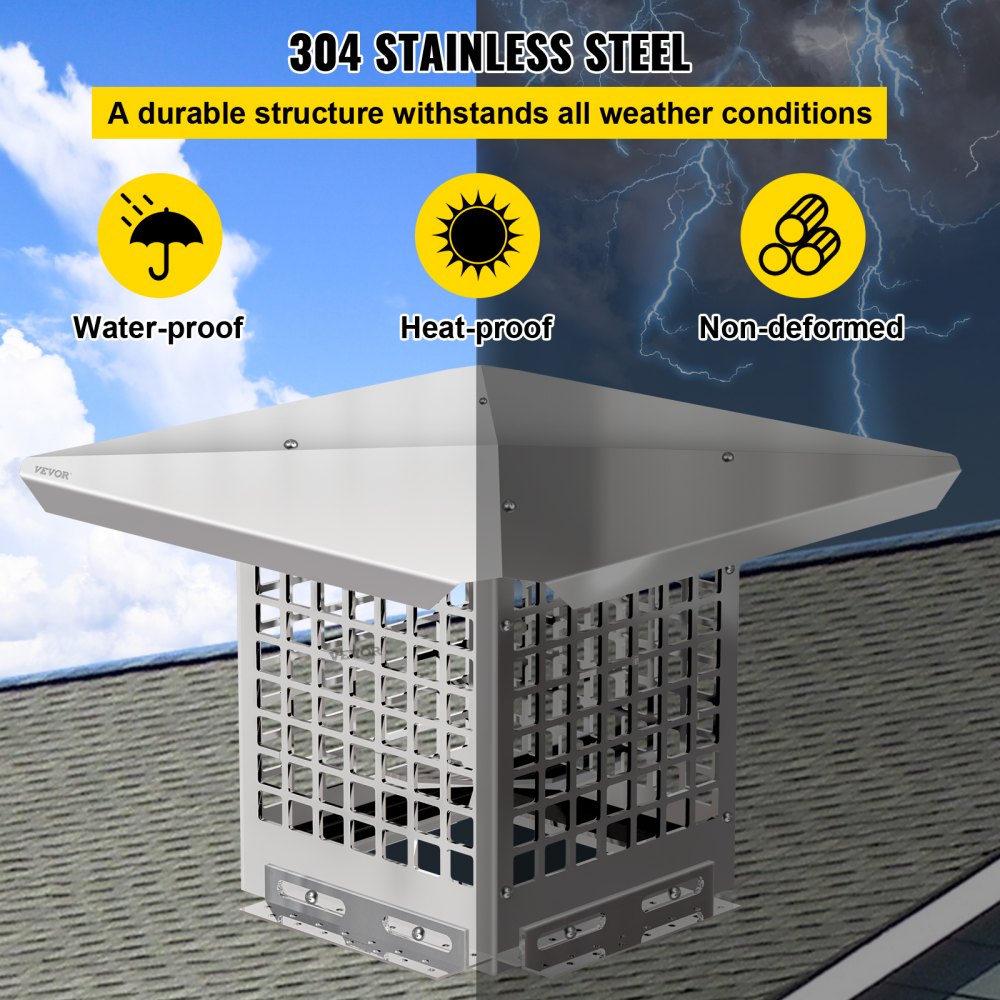 VEVOR Chimney Cap, 8\" x 8\" Flue Caps, 304 Stainless Steel Fireplace Chimney Cover, Adjustable Metal Spark Arrestor with Bolts Screws, Mesh Chimney Flue Cover for Outside Existing Clay Flue Tile