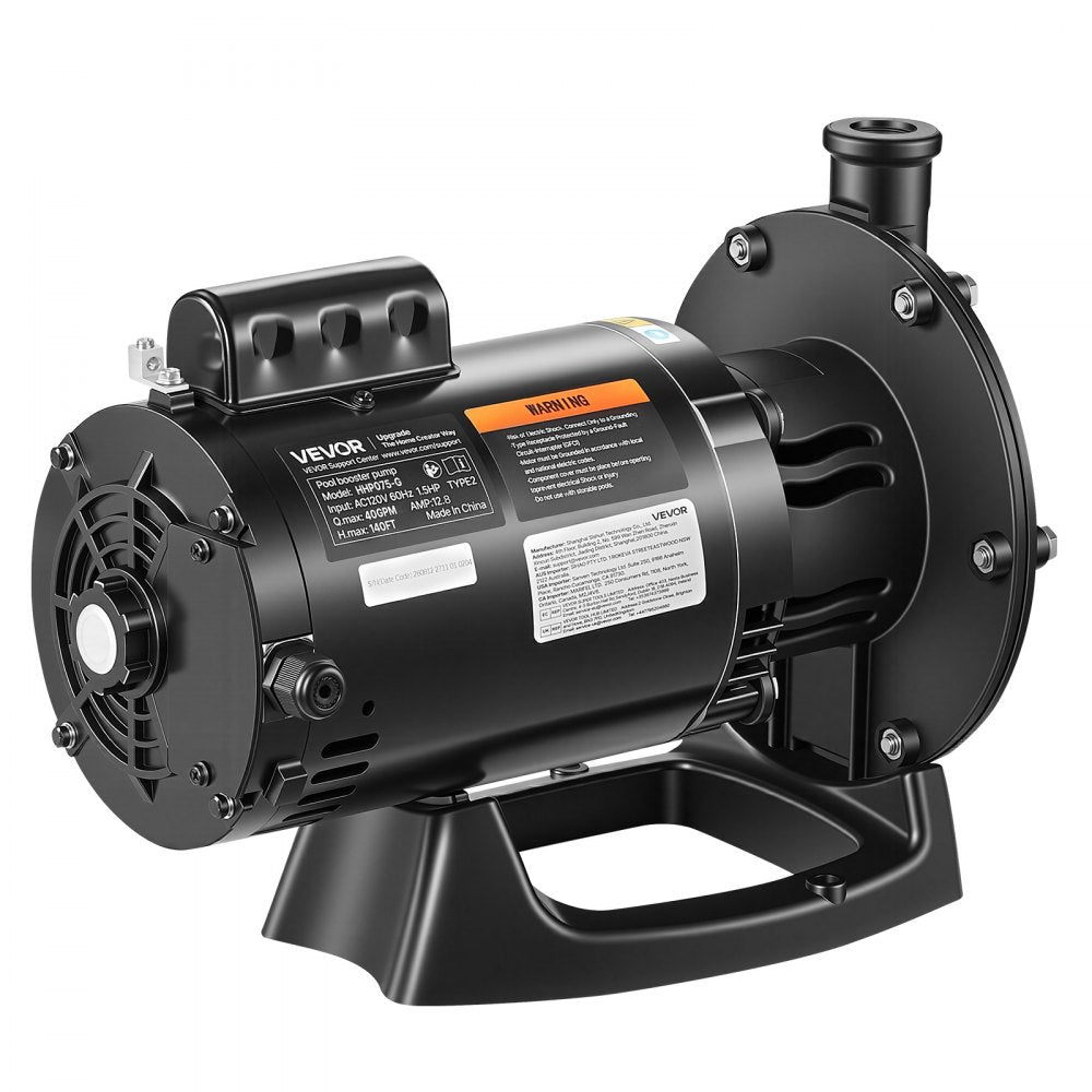 VEVOR Booster Pump 1.5 HP 40 GPM ODP Motor for Pressure Side Pool Cleaners, AC 120V Pool Booster Pump, 140 ft Max Head, NPT 3/4 in Inlet/Outlet, Wide Compatibility, Quick Connect Easy Installation