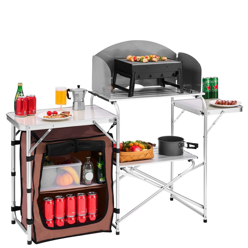VEVOR Outdoor 2-Tier Kitchen with Zippered Bag, Portable Folding Cook Table for BBQ, Party and Camping, Brown