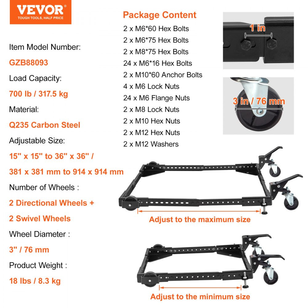 VEVOR Mobile Base, 700 lbs Weight Capacity, Adjustable from 15" x 15" to 36" x 36", Heavy Duty Universal Mobile Base Stand with Swivel Wheels, for Woodworking Equipment, Bandsaw, Power Tools, Machines