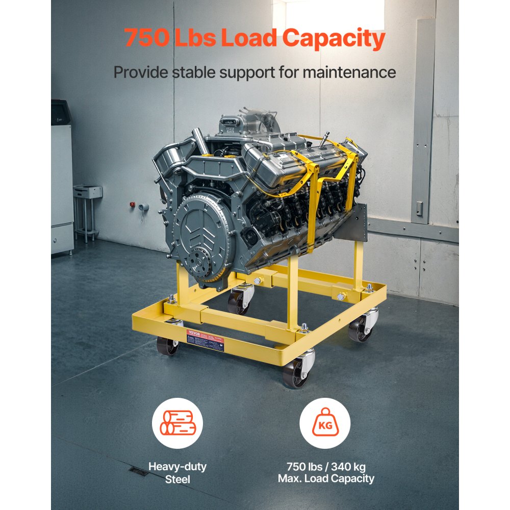 VEVOR Engine Stand, 750 LBS Load Capacity Engine Motor Stand with Adjustable Width & Length, Heavy-Duty Steel Motor Holder with 4 Swivel Casters and 2 Ratchet Straps, Suitable for Most Engines