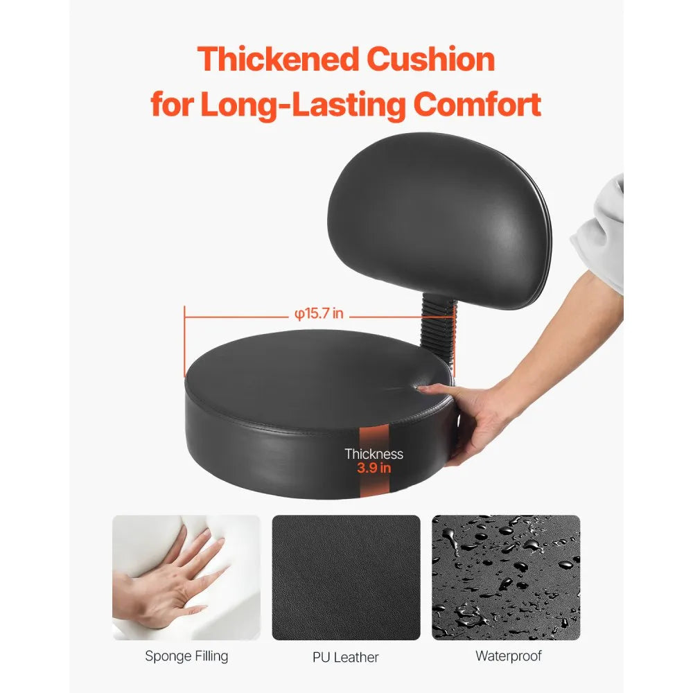 VEVOR Rolling Stool with Back Support and Wheels, 450 LBS Weight Capacity Round Rolling Stool Chair, Height Adjustable Thickened PU Leather Swivel Stool for Salon, Spa, Massage, Tattoo, Clinic, Black