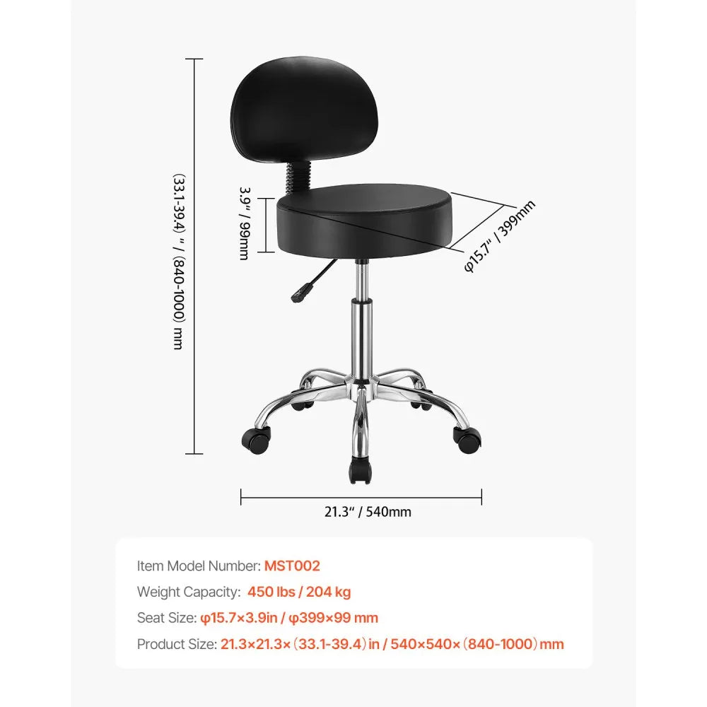 VEVOR Rolling Stool with Back Support and Wheels, 450 LBS Weight Capacity Round Rolling Stool Chair, Height Adjustable Thickened PU Leather Swivel Stool for Salon, Spa, Massage, Tattoo, Clinic, Black