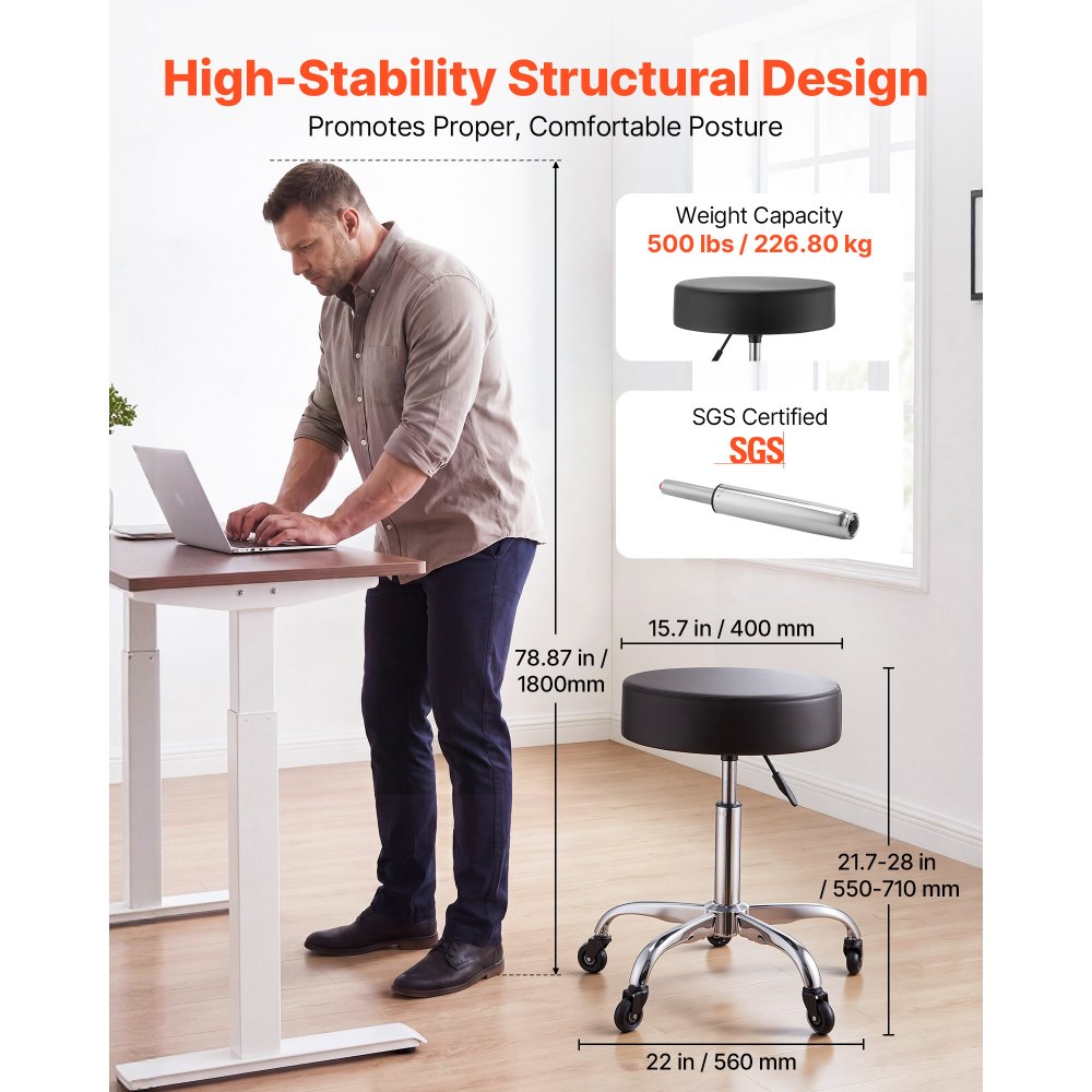 VEVOR Rolling Stool with Wheels, 500 lbs Weight Capacity, Height Adjustable, Quiet Casters, Thick Cushion Ergonomic PU Leather Seat, 360° Swivel Round Rolling Stool Chair for Salon, Clinic, Black